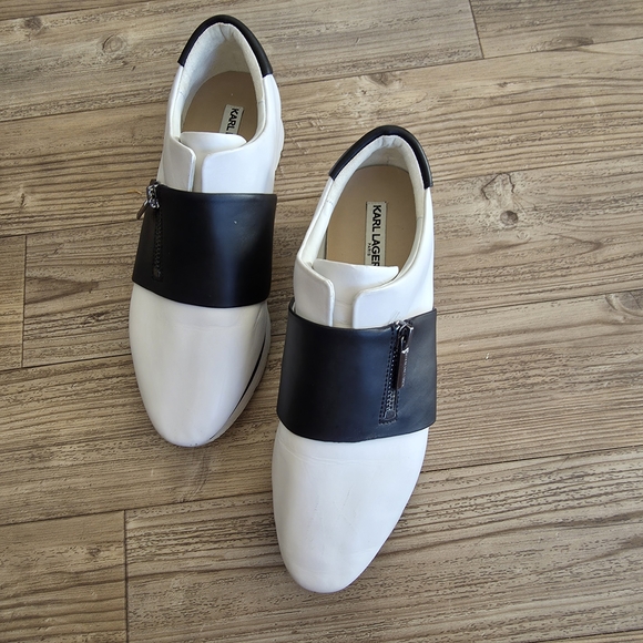 Karl Lagerfeld Paris Women's White Leather Slip-On Shoes with Black Strap 7.5 - Picture 2 of 8